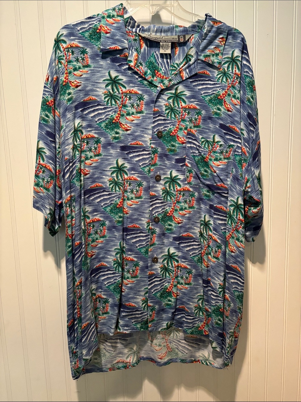 Vintage Men's Blue Pineapple Connection Print Short-Sleeve Button-Up Shirt Sz XL